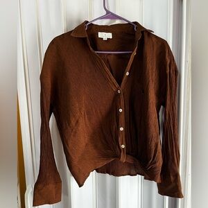 Fun2fun brown button down blouse long sleeve top